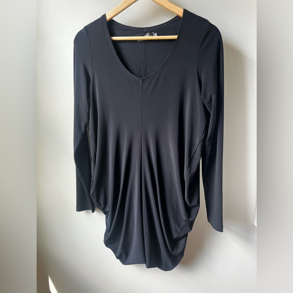 SYMPLI Black Top Ruching Bubble Hem Gathered Tunic Travel Vacation Comfort 8